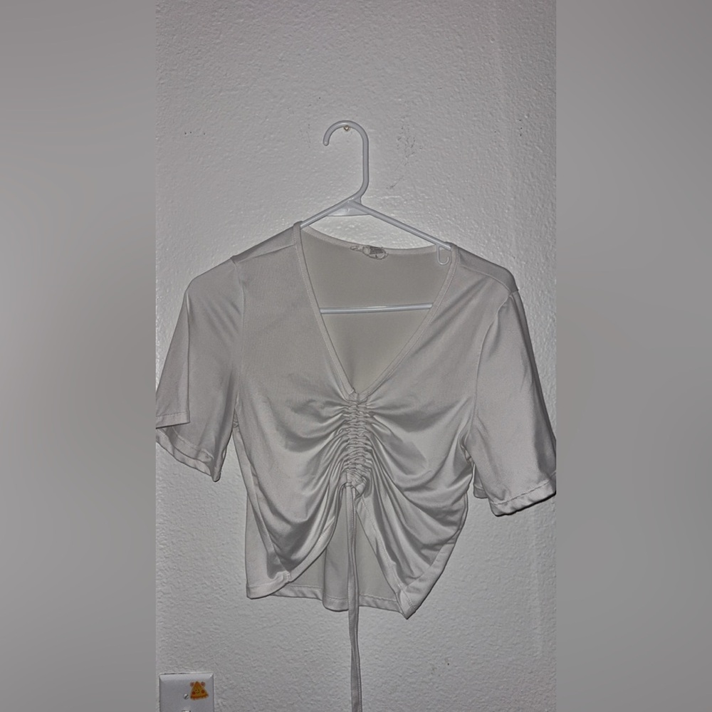 White Ruched V-Neck Top
